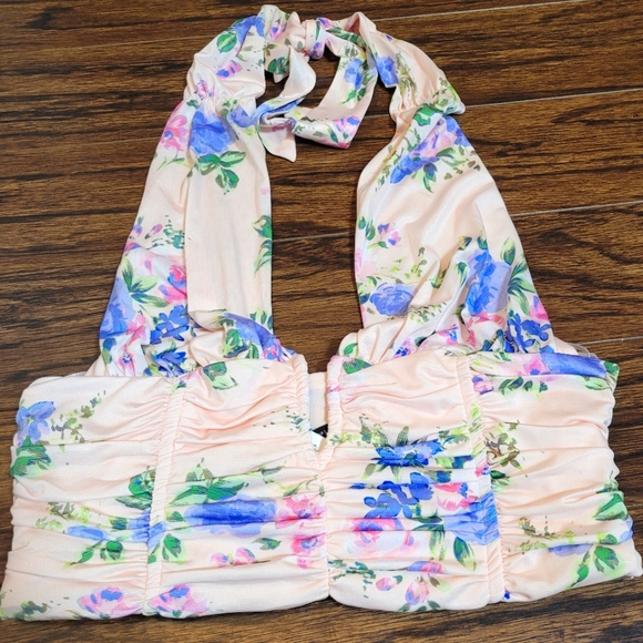 Zara NEW Halter Cropped Top Pink Purple Floral Pattern Zipper Side Size Small - Picture 2 of 15